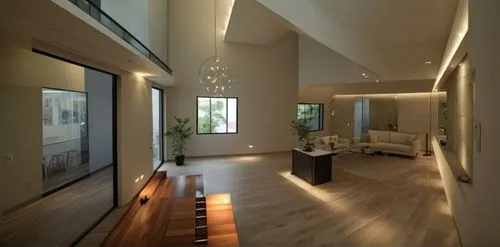 Renderiza un espacio interior moderno de doble altura, con diseño arquitectónico contemporáneo. El ambiente debe incluir una escalera flotante con barandales minimalistas de cristal o acero inoxidable