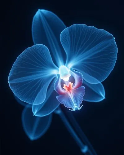 A detailed glowing X-ray photo of an orchid flower in different neon coloursThe background is dark blue, creating contrast between light gray and navy colours. With a lady from the dark background loo