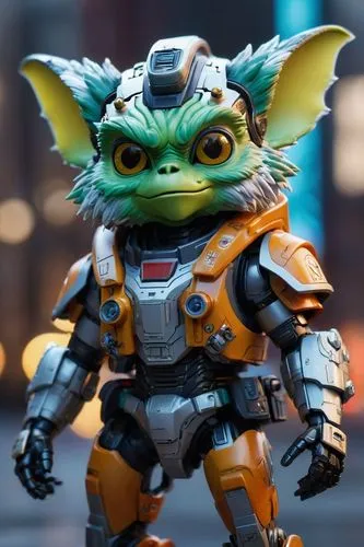 Leica portrait of a gremlin monster wearing a coat, coded patterns, sparse and simple, uhd image, urbancore, sovietwave, period snapshot,a very cute toy in some kind of action figure,gizmo,ruckus,gobl