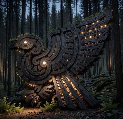 a decorative wooden sculpture in the middle of a forest,raven sculpture,large owl,owl art,owl background,owl,owl nature