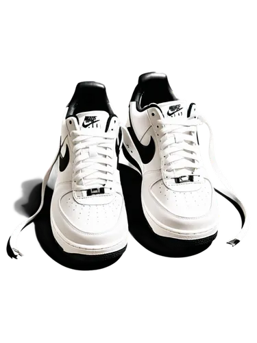 Sneaker, Nike Air Force 1, white shoe, laces tied, silver buckle, black swoosh logo, leather material, smooth texture, low-top design, bold color scheme, dynamic composition, shallow depth of field, b