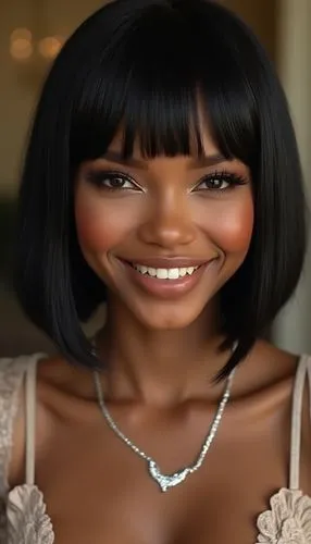 Black bob hair style with bangs and Hair length to neck, 8K picture quality, enhanced details, smile, an african model, brown lip glossy lips, silver diamond necklace, setting appears to be in a luxur