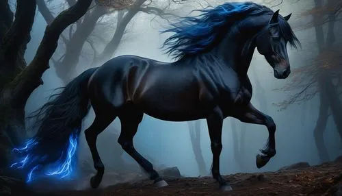 Six-legged horse, fantasy creature, majestic posture, shiny black coat, glowing blue eyes, long flowing mane, muscular body, powerful legs, sharp hooves, mythical atmosphere, misty mountainside, ancie