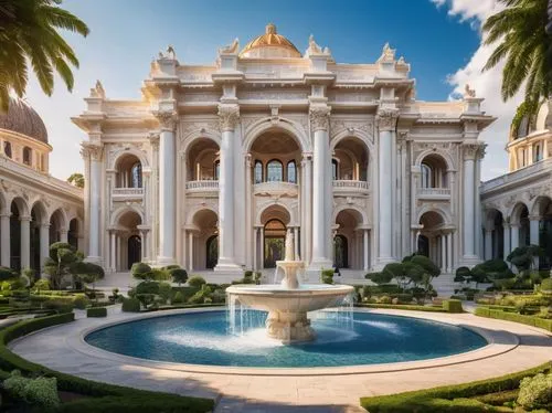 Modern Roman style architecture, grandiose building, symmetrical facade, tall columns, ornate capitals, arched windows, rounded domes, intricate carvings, marble texture, cream-colored stone walls, lu