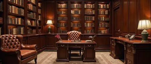 A luxurious classical study with rich dark wood paneling, a leather-tufted armchair and desk, integrated bookshelves with warm accent lighting, a plush area rug, and intricate detailing on furniture, 