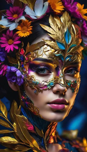 beauty, realistic style, preety female random country, ,masquerade,venetian mask,golden mask,the carnival of venice,gold mask,golden wreath,masque,fantasy portrait,headdress,brazil carnival,face paint