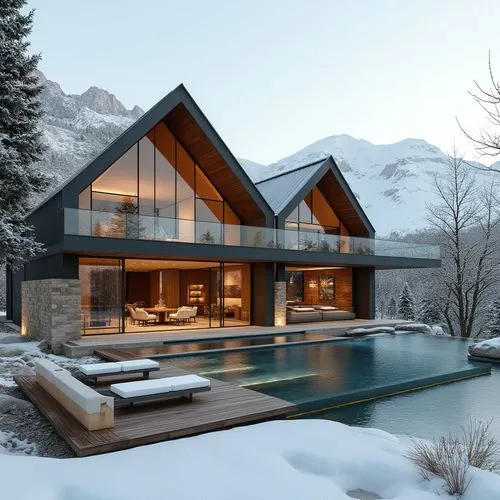 A hyper-realistic, high-resolution architectural photograph of a luxurious, alpine-style modern villa nestled in a mountainous landscape. The home features a prominent A-frame roof and is constructed