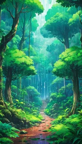 A scene of a dense and primitive Asian forest, with a rainy climate,the sun shines down into a rain covered forest, surrounded by tall green trees,forest background,forest,fairy forest,green forest,fo