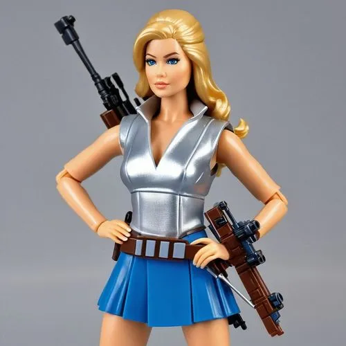 beautiful blonde lady, dressed like a Star Wars action figure, in a blue A-line mini skirt, silver thigh boots and a silver top. She holds a wookiee bowcaster crossbow.,girl with gun,girl with a gun,b