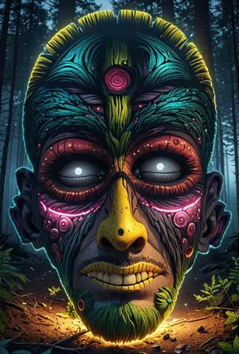 a guy with an odd face and lights on,neon body painting,forest man,shaman,totem,witchdoctor,avatar,wooden mask,hallucinogen,totems,hallucinogens,world digital painting,tribal,shamanistic,totemic,digit
