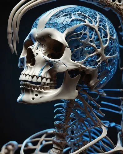 Skeleton, translucent skin, detailed bone structure, ornate vertebral column, ribcage, sternum, pelvis, skull, facial bones, teeth, glowing blue veins, arteries, capillaries, muscle fibers, tendons, l