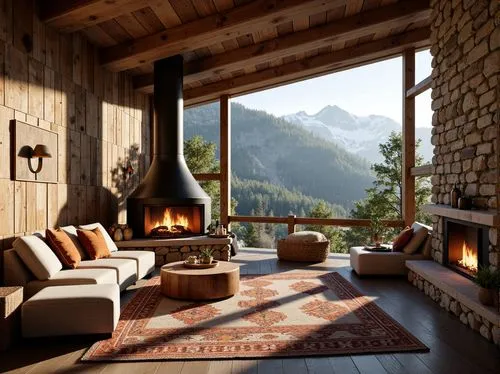 Rustic mountain lodge, reclaimed wood accents, natural stone walls, earthy color palette, wooden beam ceilings, cozy fireplaces, regional folk patterns, woven textiles, handmade ceramics, locally sour