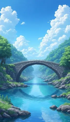anime scenery of a bridge over a river with a sky background, beautiful anime scenery, anime landscape wallpaper, anime scenery, anime nature, anime nature wallpap, anime landscape, anime background a