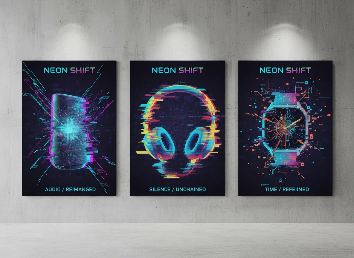 A collection of three different high-resolution Glitch Art posters designed for a product launch, showcasing a consistent brand style.
