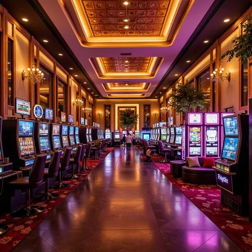 Vibrant neon lights, bold signage, luxurious gold accents, rich wood tones, plush red carpets, ornate chandeliers, lavish furnishings, opulent decorations, dramatic spotlights, warm beige walls, sleek