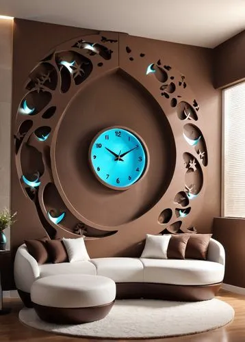 a living room with round couch and a large clock on the wall,wall clock,sand clock,wall decoration,modern decor,interior decoration,time spiral