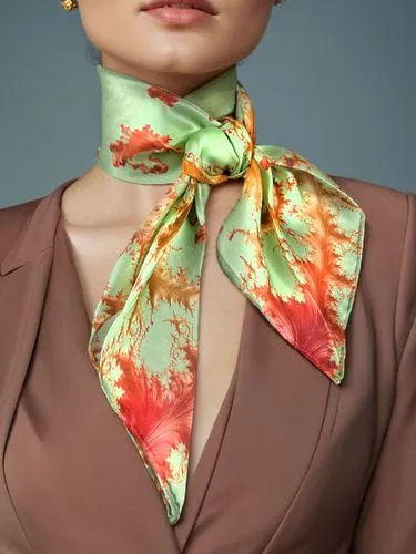 Closeup shot of a beautiful 27 year-old woman. Her head is cropped at the hairline. Her torso is cropped at the waist. She is wearing a dark salmon colored blazer, a pretty scarf and gold earrings ,a 