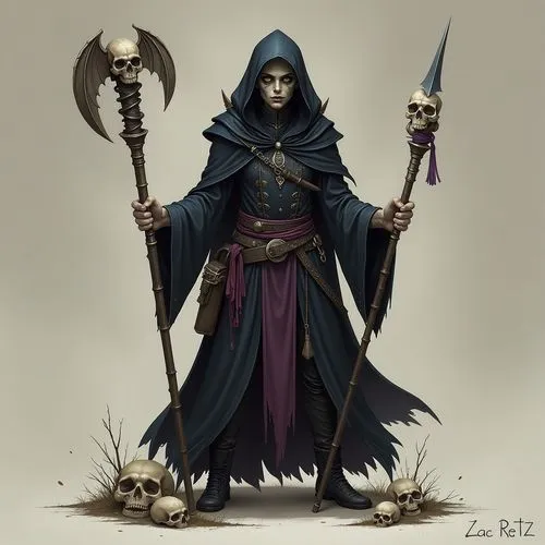 万圣节女孩,a gothic grim looks as if it's holding a large scept and two grim like scepts,undead warlock,necromancer,dark elf,wodrow,sorceresses,grimm reaper