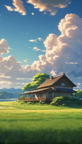 house on the grass, matte painting inspired by Makoto Shinkai, pixiv, marvelous realism, beautiful floating clouds. anime, anime clouds, studio ghibli sky, anime sky, beautiful anime scene, anime coun