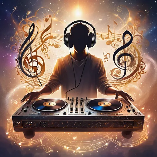 pencil drawing of DJ sound deck made up of musical notes, treble clef, bass clef with silhouette of dj,dj,disk jockey,dj equipament,music,disc jockey,music is life,electronic music,music player,hip ho