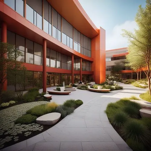 the building features an elegant courtyard surrounded by trees,render,school design,office building,modern office,office buildings,biotechnology research institute,aileron,renders,rendered,home of app