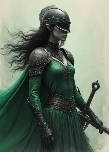 In the midst of a fierce battle, a regal female elf barbarian with black hair. She wears a sleek black helmet adorned with a filigree metal threads, showcasing her armor. Her body is coated in a vast,