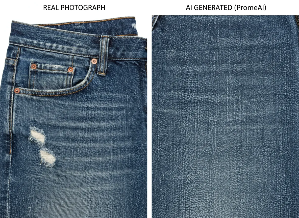 Ein direkter Vergleich, der ein echtes Foto von Jeans neben einer nicht zu unterscheidenden, realistischen KI-generierten Jeans-Textur von PromeAI zeigt.