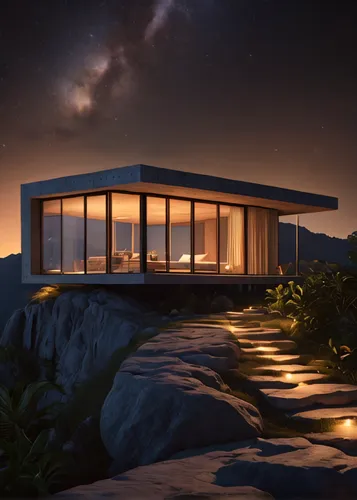 warm tropical architecture minimalist concrete cottage in top of a mountain with the stars of the night timelapse, high quality, 8k,dunes house,sky space concept,3d rendering,futuristic landscape,futu
