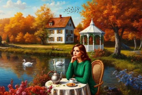 woman sitting at table in front of a house by lake with tea and a swan painting,autumn idyll,autumn background,autumn landscape,autumn taste,one autumn afternoon,autumn morning,autumn day,tearoom,autu