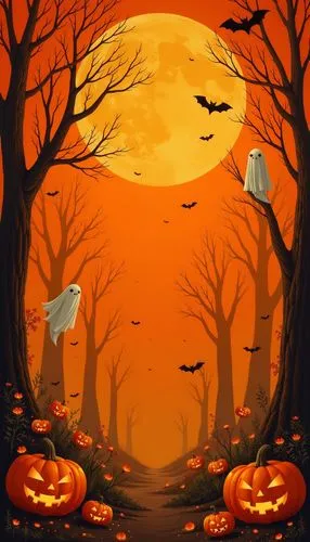halloween wallpaper,
Stylish orange wallpaper with cute cartoon ghosts, pumpkins, and bats. The background is orange, with simple flat illustrations of ghostly figures and pumpkins scattered across th