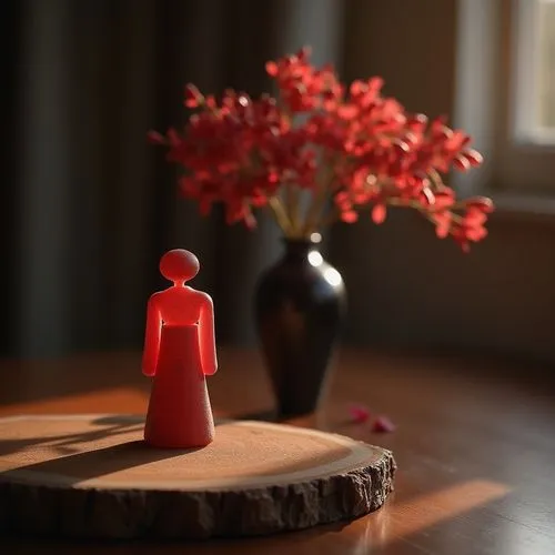 exclusive red chalk stone elegant figure decoration on table,delicate red flower in black vase
,the wooden  board is holding a red figurine next to a vase of flowers,depth of field,wooden figure,minia