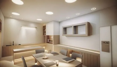 a dining table in an empty room with lamps on,kitchen design,modern kitchen interior,interior modern design,modern room,hallway space,luxury bathroom,render,modern minimalist bathroom,renders,core ren