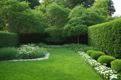 Write a peaceful scene in a sage green garden.,landscape designers sydney,clipped hedge,landscape design sydney,garden design sydney,hornbeam hedge,flower borders,green garden,intensely green hornbeam