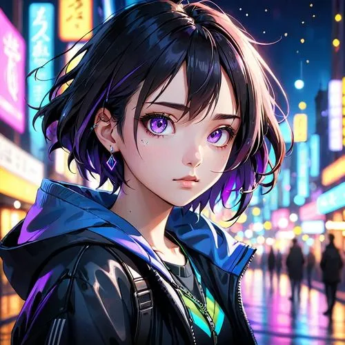 edgy anime girl, close-up portrait, sharp piercing eyes, calm confident expression, short tousled black hair with subtle neon streaks, night city background, blurred city lights (bokeh), cinematic lig
