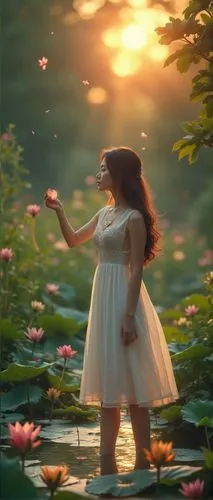 In the center of a lush garden, there is a serene lily pad, filled with colorful flowers. The sun is just beginning to rise, casting a warm orange glow on the leaves of the trees and the surrounding f