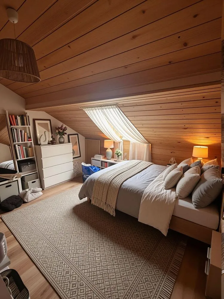 this bedroom has a wooden ceiling and a bed