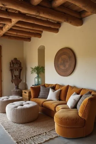 Rustic living room with a warm and cozy ambiance, featuring a pair of large, plush, caramel-colored sofas with tufted cushions. The walls have a natural textured finish with a large wooden art piece a
