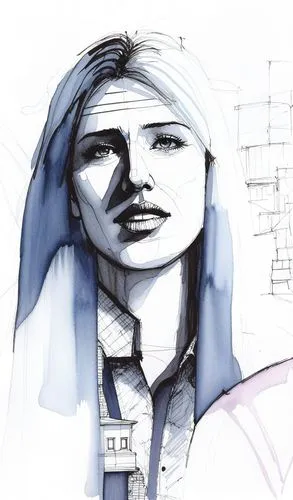 a watercolor portrait of a young woman,drawing mannequin,frame drawing,forewoman,overdrawing,female worker,sketching