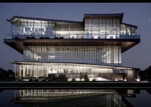 (at night:1.6),autostadt wolfsburg,modern architecture,chinese architecture,glass facade,asian architecture,suzhou,futuristic architecture,futuristic art museum,archidaily,architecture,modern building