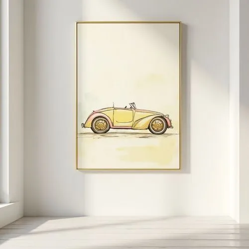 delicate elegant painting on white wall,pastel colors and gold and yellow, simple slim gold frame, frontview, vertical,lineart,abstract cars
,an antique yellow car sitting on the wall,gold stucco fram
