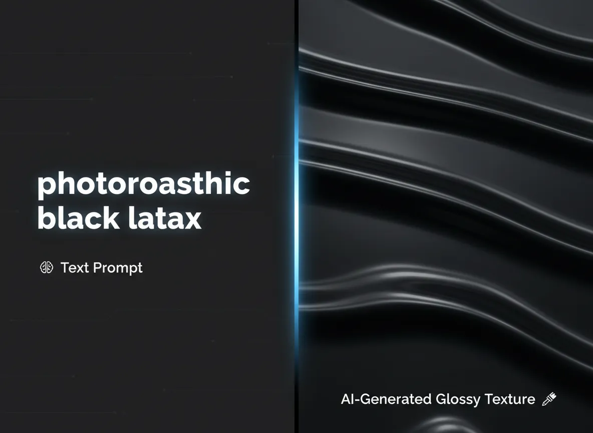 Un'immagine primo piano a schermo diviso che mostra un prompt di testo per 'lattice nero fotorealistico' da un lato e la texture lucida generata dall'AI dall'altro.