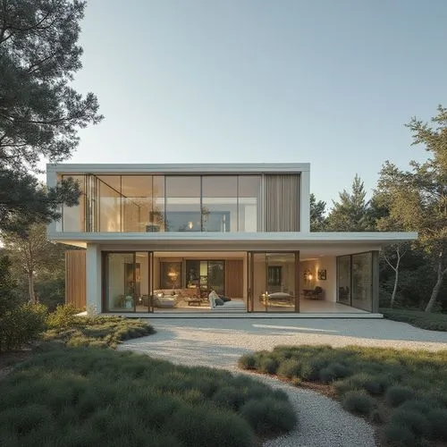 ,the front of the modern house is lit up by natural light,dunes house,modern house,amagansett,forest house,modern architecture,bohlin