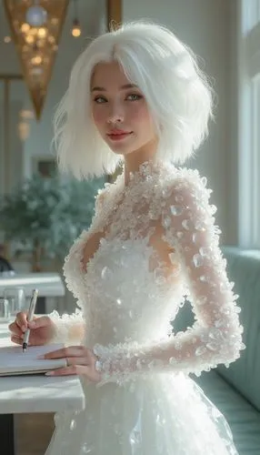A super realistic and ultra detailed image of a beautiful crystal woman depicted from the waist up, posing elegantly as a waiter in a serene, ethereal setting. Her entire body is made of smooth, facet