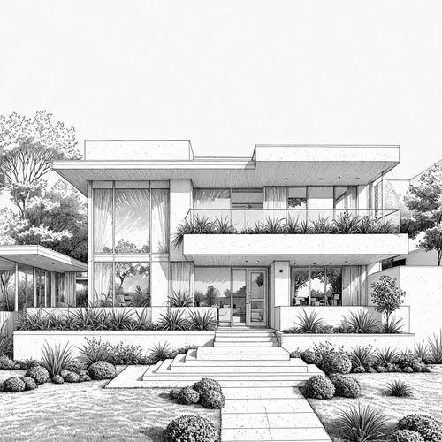 Irvine,sketchup,3d rendering,revit,asian architecture,mid century house,house drawing,modern house,unbuilt,render,renderings,garden elevation,rendered,residential house,mid century modern,eichler,land