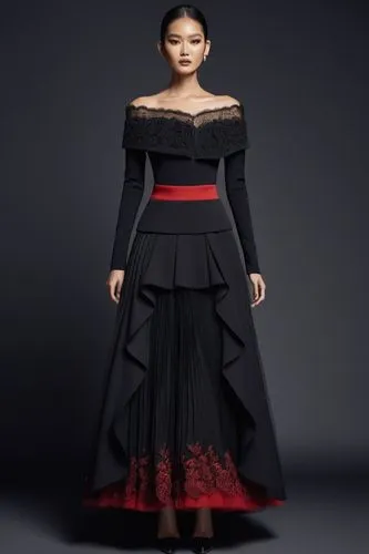 a fashion model wearing  
  black  and red Wrapped Stretch   off shoulder  long sleeved top  and  pleated maxi skirt   boots,a model in black and red dress,dress walk black,derivable,hanbok,gothic dre