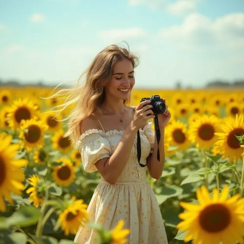 A teenage girl in a sunny field of sunflowers, twirling in a flowy dress. She’s holding a vintage camera, snapping photos of the vibrant blooms. The sky above is bright and clear, complementing the ch