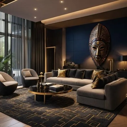 dark navy African mask attached to the wall,apartment lounge,contemporary decor,modern living room,livingroom,modern decor,luxury home interior,living room,penthouse apartment,great room,interior mode