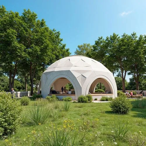 1. Forma general del domo:

Estructura semi ovalada con textura entrelazada en patrón de trenzado, hecha de concreto tipo concreto impreso en 3D. 100 mts2. máx. 10 metros de altura

El entorno es un p