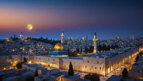 In the heart of Jerusalem, the Al-Aqsa Mosque rises as a guardian of history and spirituality. The moonlight illuminates the skies of the holy city, painting an artistic canvas with its silvery hues o
