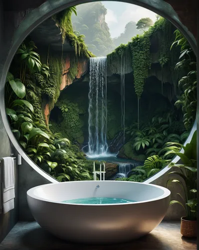 (a bathroom interior: 1.3) of an modern house, 3d optic of a close up from a modern microchip, Industrie art, digital art, modern art, nature friendly, on a jungle cliff, a round window view to (a wat